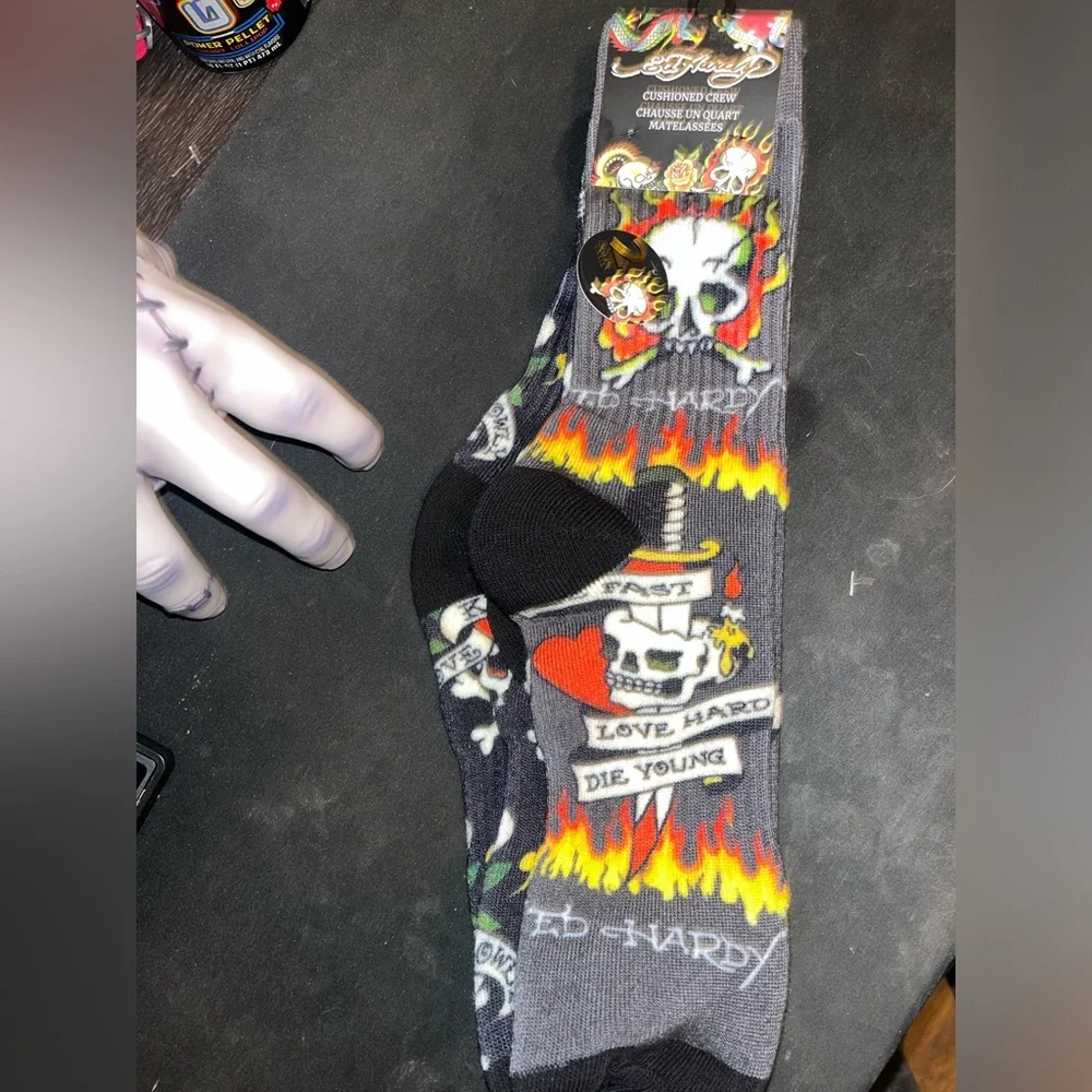 Ed Hardy Gray Crew Socks with Skull, Red Heart & Flame Graphics